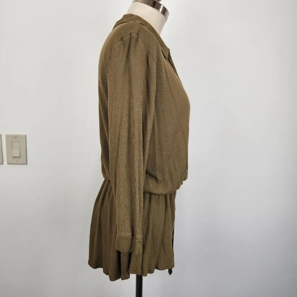Free People Beach Lively Romper S Olive Green‎ Long Sleeve V-Neck Button Front
